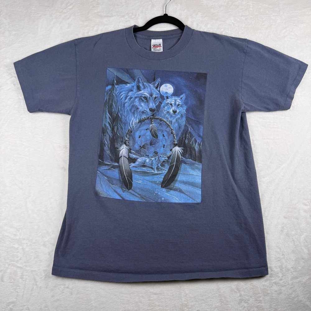 Vintage Anvil Wolf Native American Dreamcatcher Graphic T-Shirt Blue‎ Mens Large